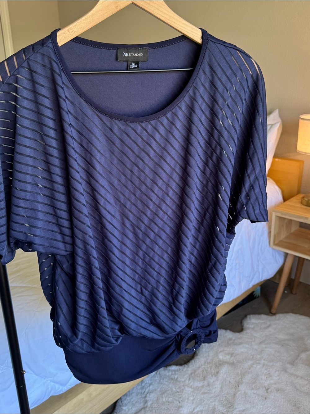 AbStudio Navy Sheer Striped Knot-Front Top